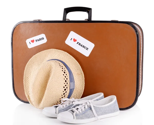 Travel suitcase with hat and shoes — Stock Photo, Image