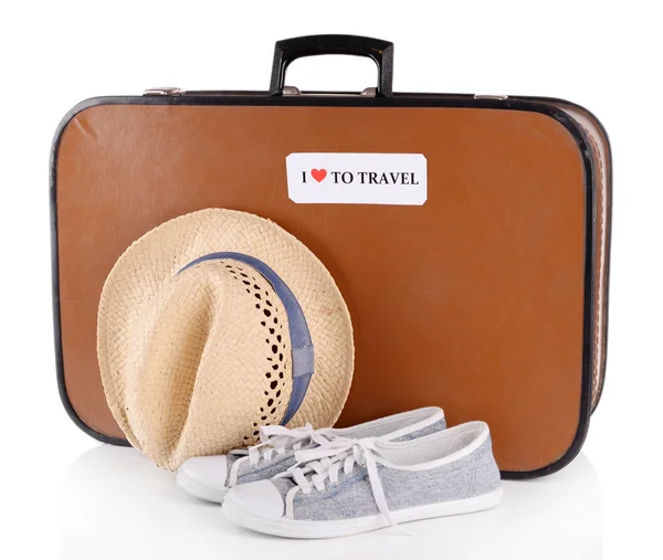 Cestovní kufr s kloboukem a boty — Stock fotografie