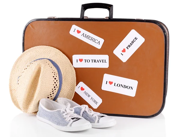 Travel suitcase with hat and shoes — Stock Photo, Image