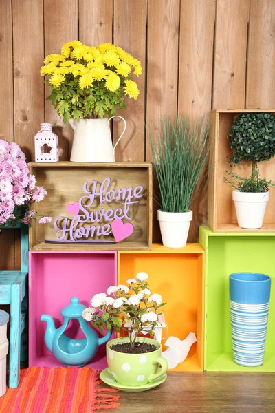 Beautiful colorful shelves with different home related objects on wooden wall background — Stock Photo, Image