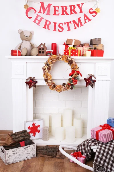 Decorated Christmas fireplace — Stock Photo, Image