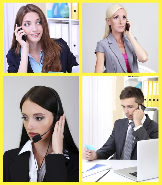 Collage del centro de llamadas. La gente contesta los teléfonos. — Foto de Stock