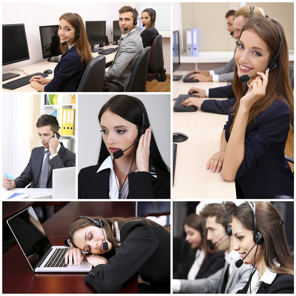 Call-center collage. People answering the phones