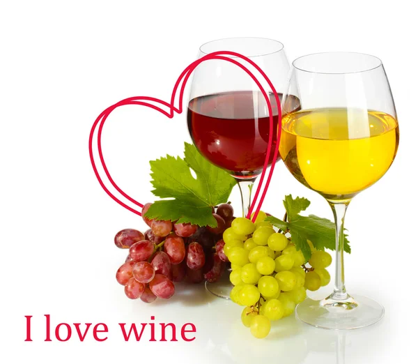 Glasses of wine and ripe grapes with heart-frame isolated on white — Stock Photo, Image