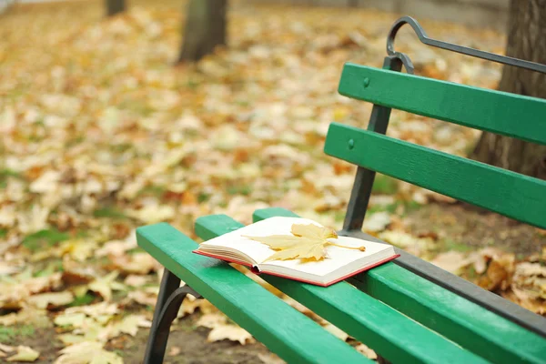 Book with leaf on bench — Stock Photo, Image