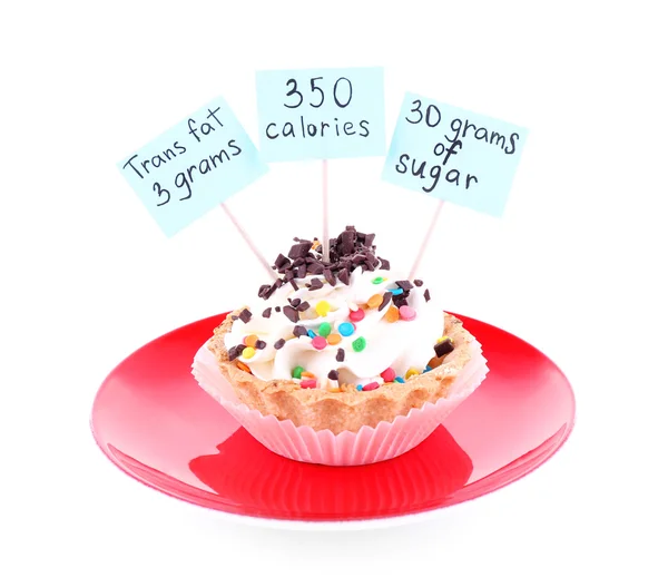 Delicious cake with calories count labels on color plate on wooden