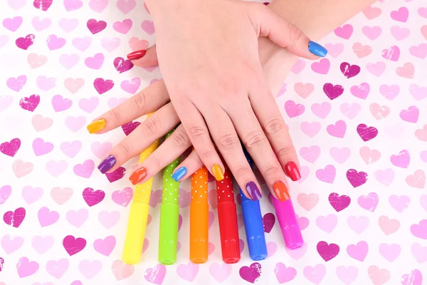 Multicolor female manicure with markers — Stock Photo, Image