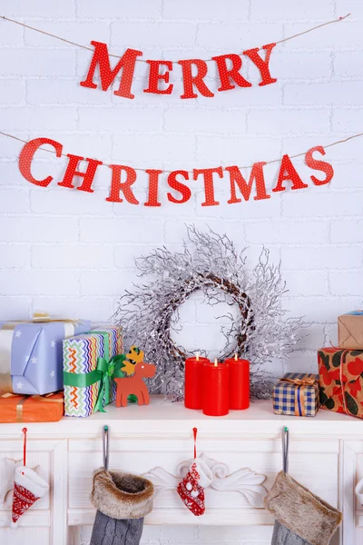 Fireplace with Christmas decoration — Stock Photo, Image