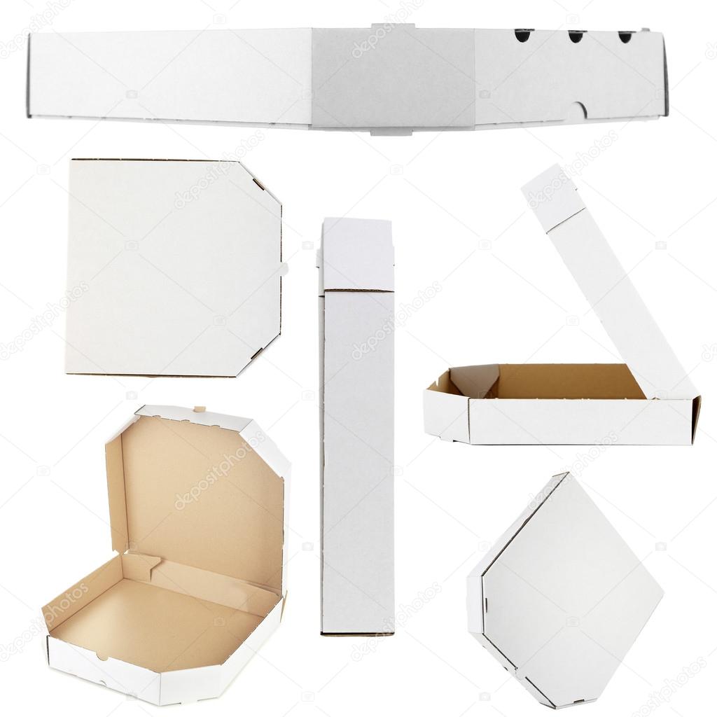 Collage of cardboard pizza boxes