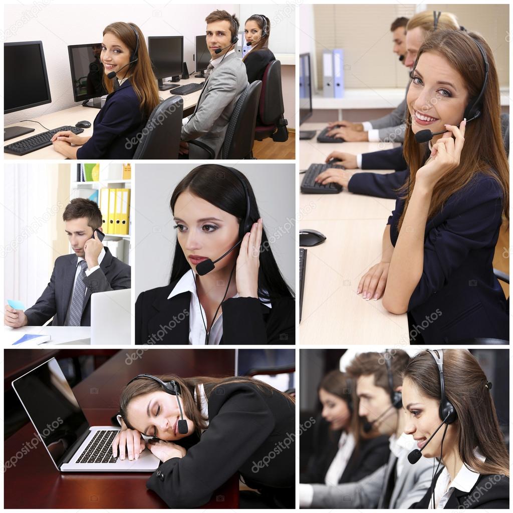 Call-center collage. People answering the phones