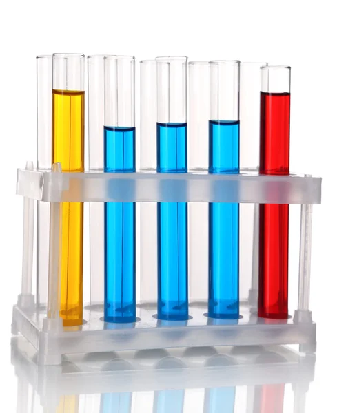 Test-tubes in container with colorful fluid isolated on white — Stock Photo, Image