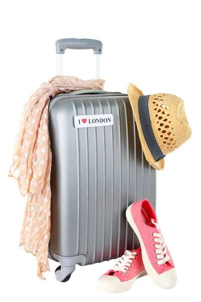 Travel suitcase, converse, scarf and hat isolated on white — Stock Photo, Image