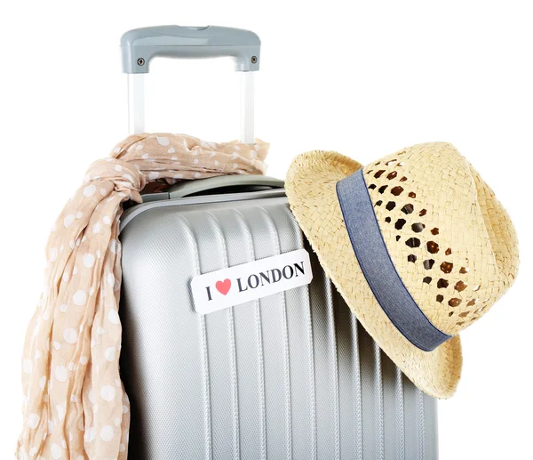 Travel suitcase, scarf and hat isolated on white — Stock Photo, Image