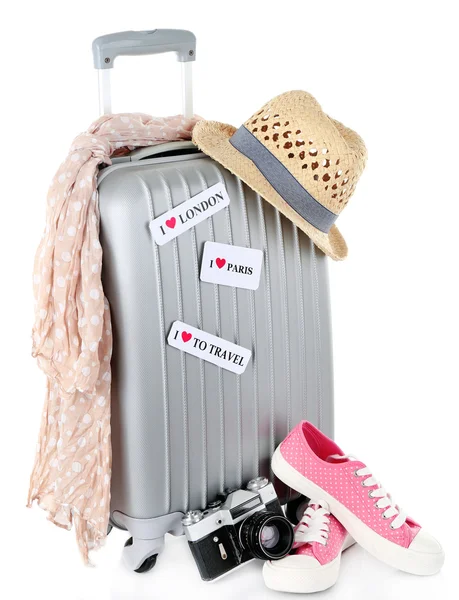 Travel suitcase, converse, photo camera and hat isolated on white — Stock Photo, Image