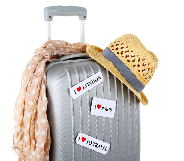 Travel suitcase, scarf and hat isolated on white — Stock Photo, Image