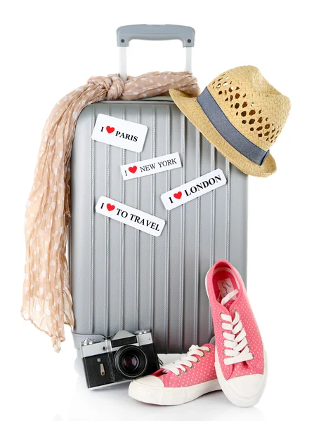 Travel suitcase, converse, photo camera and hat isolated on white — Stock Photo, Image