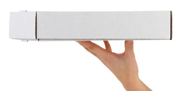 Mão com caixa de pizza de papelão — Fotografia de Stock