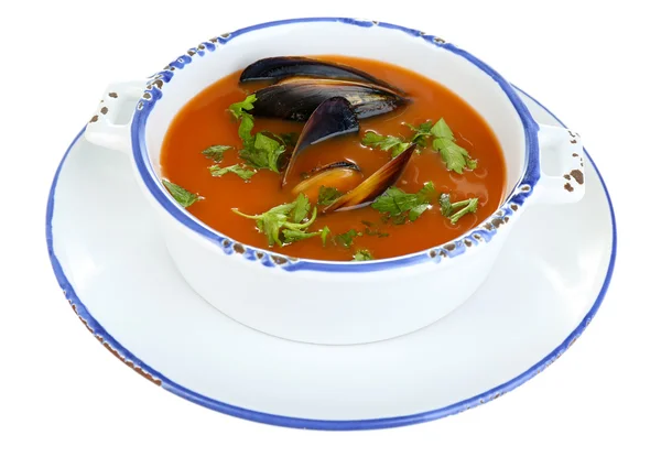 Tasty mussel soup isolated on white — Stock Photo, Image