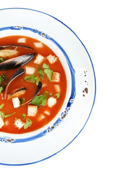 Tasty mussel soup isolated on white — Stock Photo, Image