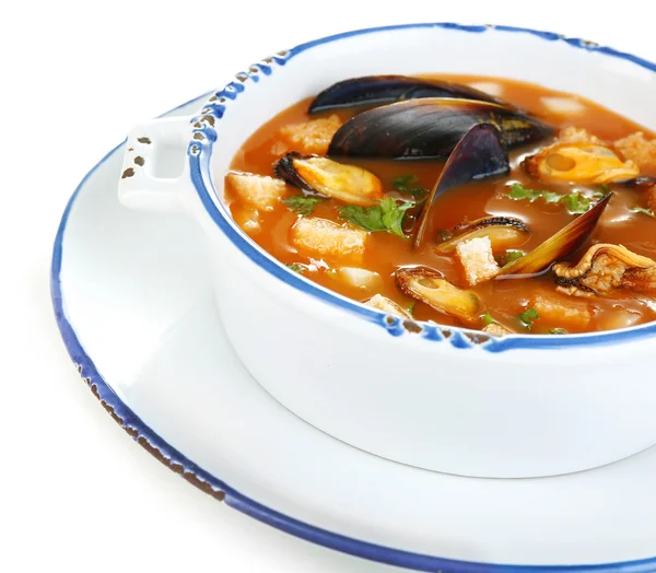 Tasty mussel soup isolated on white — Stock Photo, Image