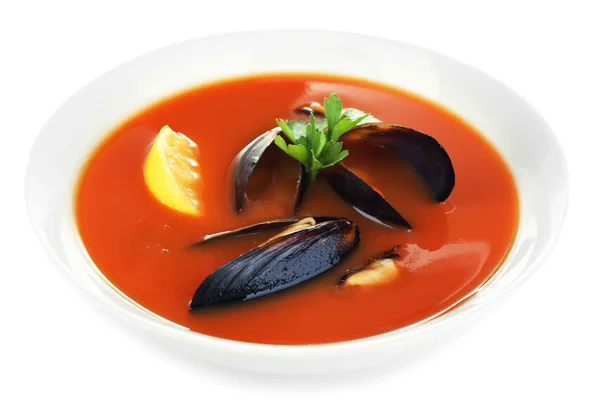 Tasty mussel soup isolated on white — Stock Photo, Image