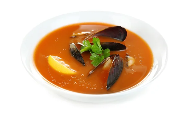 Tasty mussel soup isolated on white — Stock Photo, Image