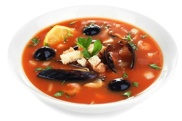 Tasty mussel soup isolated on white — Stock Photo, Image