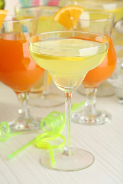 Glasses of fruit cocktails in party close-up — Stock Photo, Image