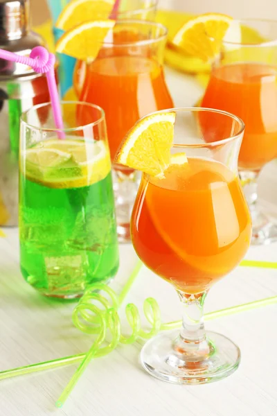 Glasses of fruit cocktails in party close-up — Stock Photo, Image