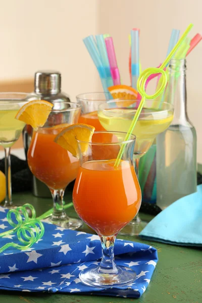Glasses of fruit cocktails in party close-up — Stock Photo, Image