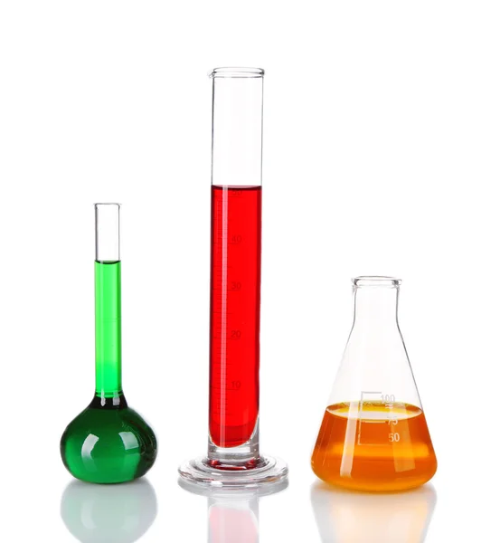 Test-tube and flasks with colorful fluid isolated on white — Stock Photo, Image