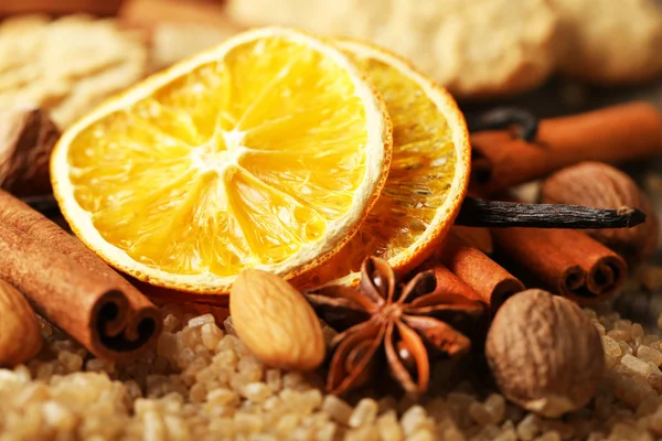 Christmas spices, nuts and baking ingredients, close-up — Stock Photo, Image