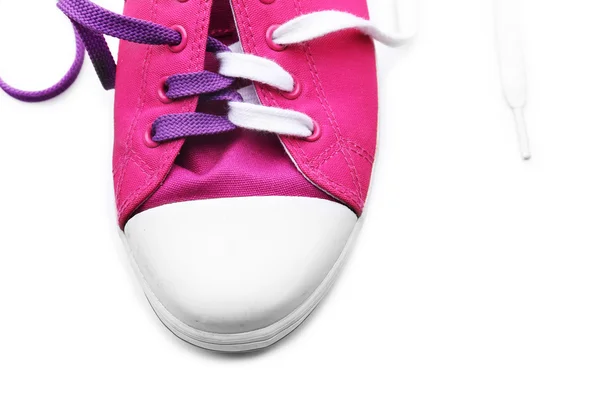 Proces wiązania buta, na białym tle — Zdjęcie stockowe