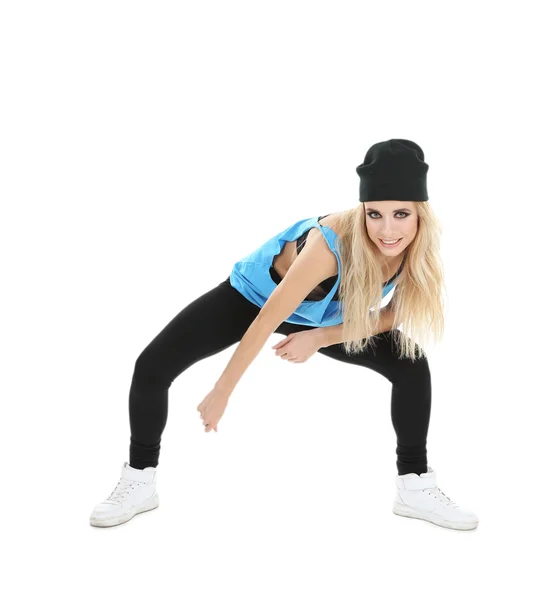 Hip-Hop-Tänzerin tanzt isoliert auf Weiß — Stockfoto