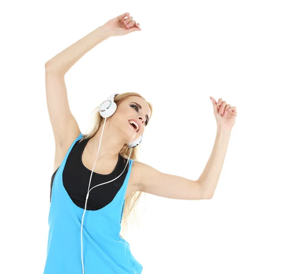 Hip hop dancer with headphones dancing isolated on white — Stock Photo, Image