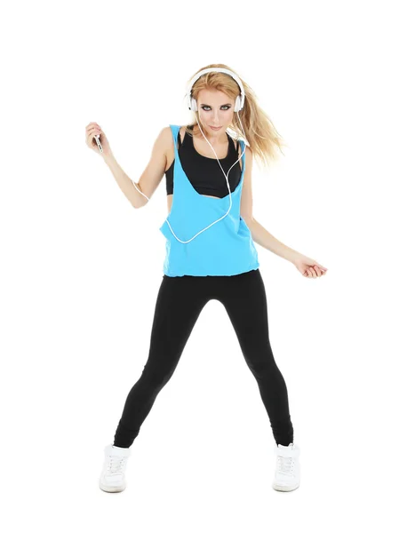 Hip hop dancer with headphones dancing isolated on white — Stock Photo, Image