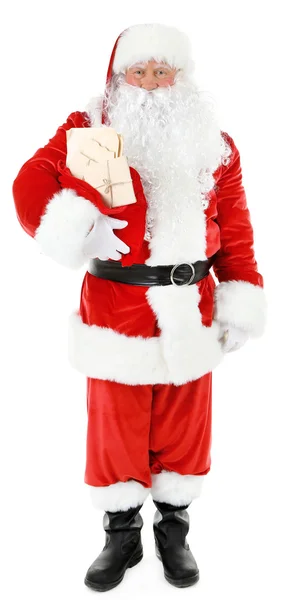 Noel Baba holding çanta beyaz arka plan üzerinde izole harflerle — Stok fotoğraf