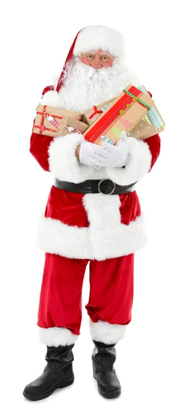 拿着礼品盒隔离在白色背景上的圣诞老人 — 图库照片