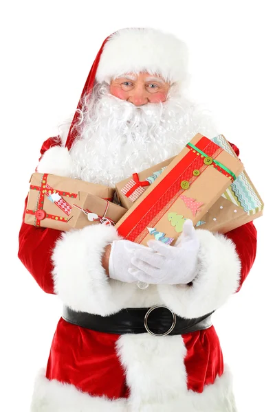 Noel Baba hediye kutuları beyaz arka plan üzerinde izole holding — Stok fotoğraf