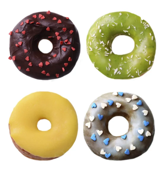 Köstliche Donuts Collage, isoliert auf weiß — Stockfoto