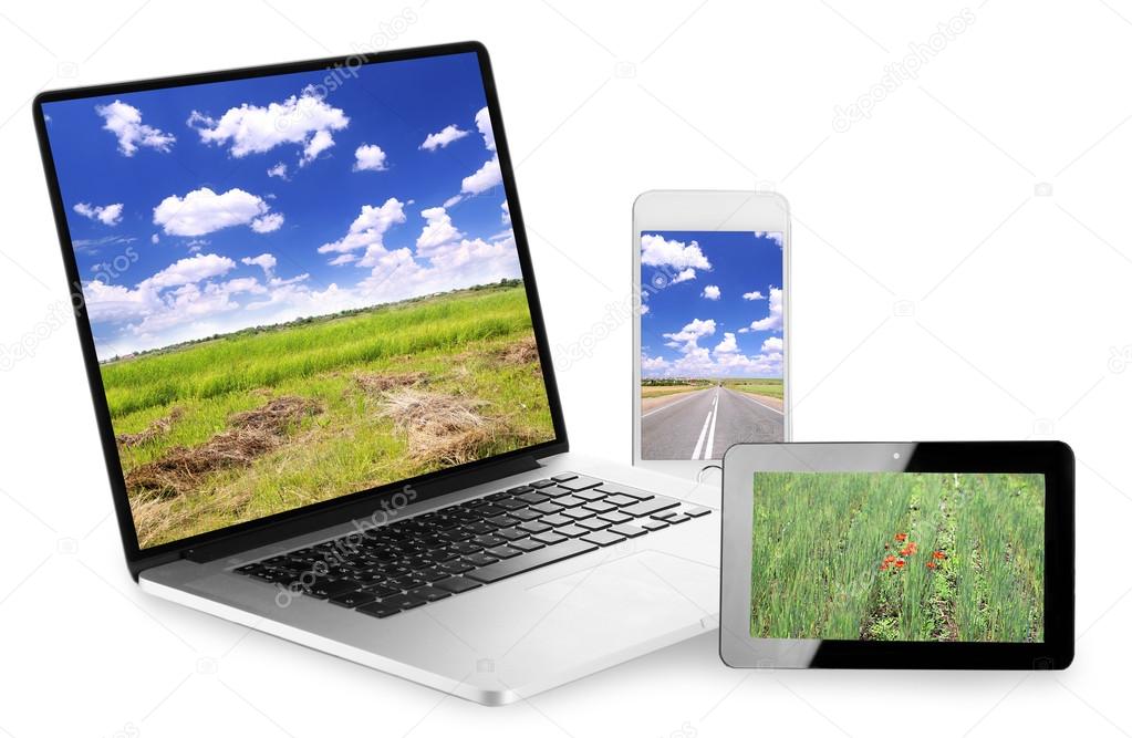 Notebook Tablet E Celular Com Papel De Parede De Natureza Em Telas