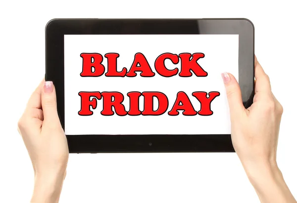 Mãos segurando tablet com texto Black Friday — Fotografia de Stock