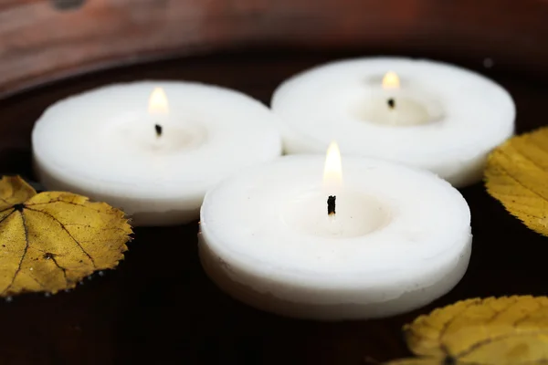Tree white candles floating with leaves on water in bowl — Stock Photo, Image