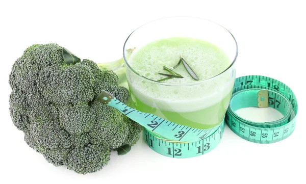 Glass of fresh green juice with centimeter and broccoli isolated on white — Stock Photo, Image
