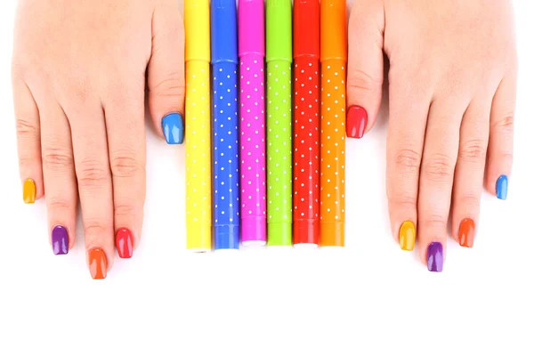 Multicolor vrouwelijke manicure met markeringen geïsoleerd op wit — Stockfoto