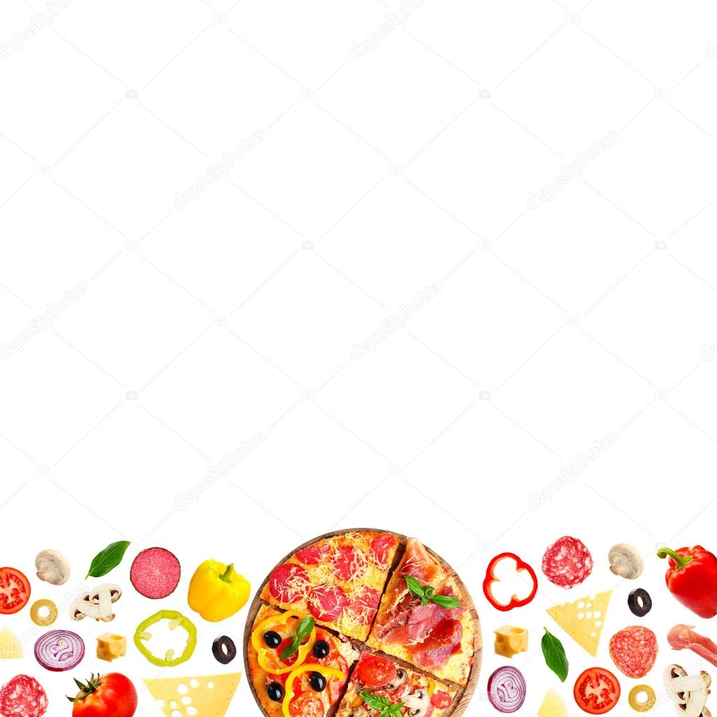 Tasty pizza and ingredients isolated on white with space for text