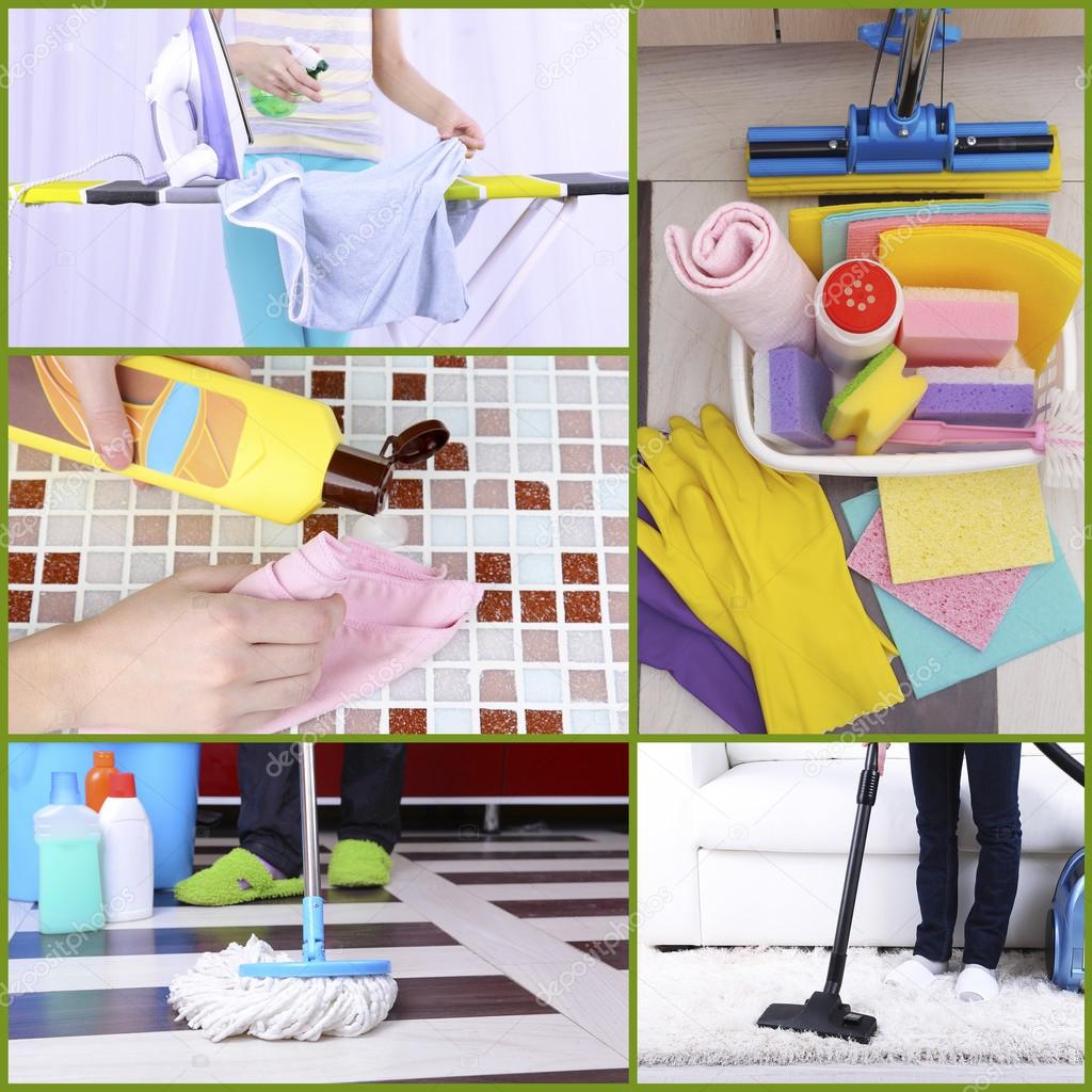 Clean concept. Cleaning supplies and tools collage