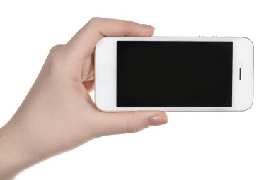 Mobil akıllı telefon üzerinde beyaz izole tutan el