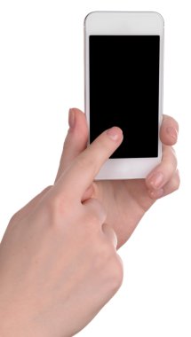 Mobil akıllı telefon üzerinde beyaz izole tutan el