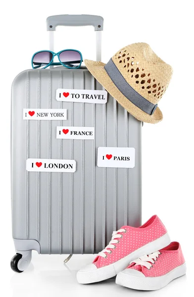 Travel suitcase, sunglasses, converse and hat isolated on white — Stock Photo, Image